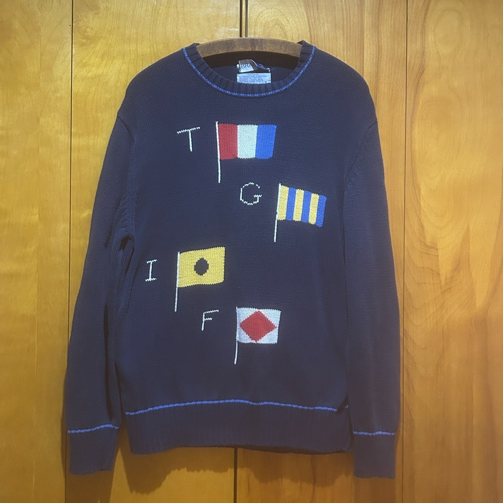 Vintage Braemar Sweater Mens Medium Cotton Blue Novelty‎ Print TGIF Preppy
